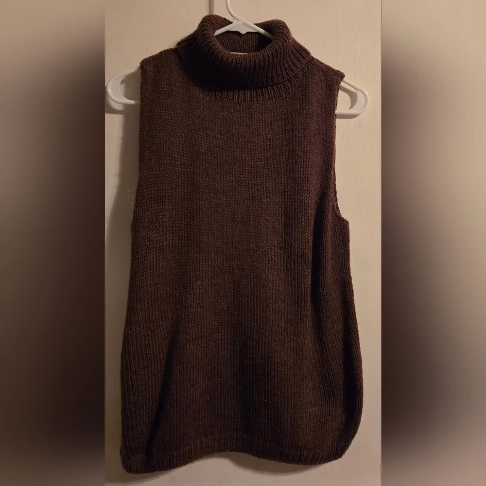 NWOT | Hand Knit Sleeveless Sweater Turtleneck Tank Top | Color: Chocolate Brown - Picture 3 of 12
